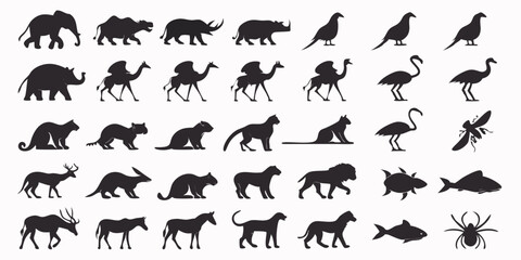 Collection of Animal Silhouettes Featuring Mammals Birds Insects and Fish in a Variety of Poses on a White Background Ideal for Design