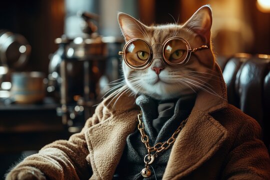 boss cat with  golden chain,  businessman concept. luxury, power, and business success. surreal humor and alpha charisma.
