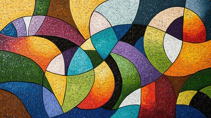 Abstract cubism painting: Colorful mosaic of shapes, patterns, and figures in joyful explosion with orange, yellow, green, purple, blue, and red shades. Detailed background adds depth, ideal for digit