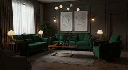 Sophisticated Interior with Emerald Green Upholstery and Modern Lighting Design