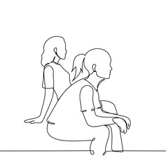 women sitting side by side in profile looking in one direction - one line art vector. concept female friends, sisters, silence together, quiet, quarrel