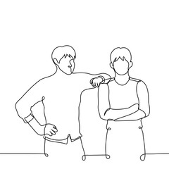 men standing next to each other, his hand on his shoulder - one line art vector. concept friends, brothers, couple