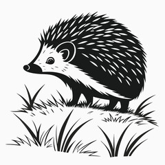 Black and white stylized hedgehog stands attentively among tall grass in a monochrome scene