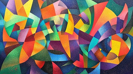 Abstract cubism painting: Colorful mosaic of shapes, patterns, and figures in joyful explosion with orange, yellow, green, purple, blue, and red shades. Detailed background adds depth, ideal for digit