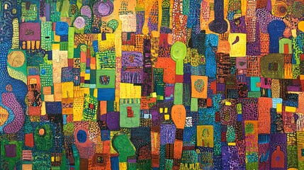 Abstract cubism painting: Colorful mosaic of shapes, patterns, and figures in joyful explosion with orange, yellow, green, purple, blue, and red shades. Detailed background adds depth, ideal for digit