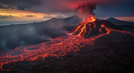 Fototapeta premium Stylized Volcanic Island with Lava Flowing in Waves
