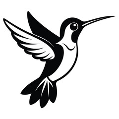 Black and white stylized hummingbird flaps wings and displays elegant form against a clear background
