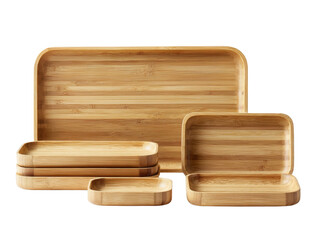 Assortment of natural bamboo trays for kitchen and dining room accessories