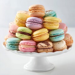 A colorful assortment of macarons piled high on a white pedestal cake stand in a studio setting