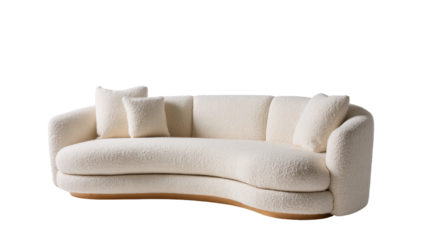 Elegant cream boucle sofa with curved design and natural wood base trim