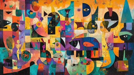 Abstract cubism painting: Colorful mosaic of shapes, patterns, and figures in joyful explosion with orange, yellow, green, purple, blue, and red shades. Detailed background adds depth, ideal for digit