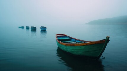 Fototapeta premium Tranquil Handcrafted Fishing Boats Anchored in Misty Waters