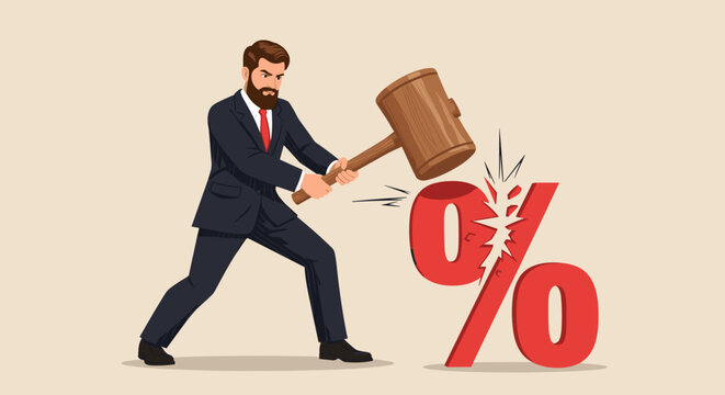 Federal Reserve low interest rate or central bank with long time zero percent interest rate until economic recover concept, businessman FED leader using hammer to nailed percentage sign to the floor. 