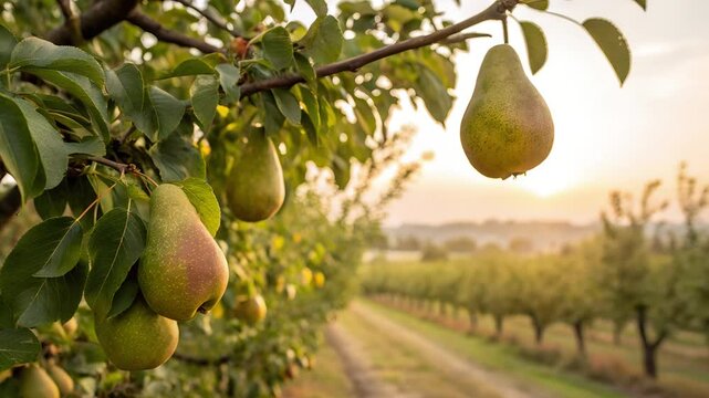 pears hanging on the tree with pear garden.