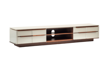 Modern media console crafted from wood and white panels for home decor