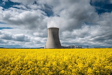 Majestic nuclear power plant behind golden rapeseed blossoms