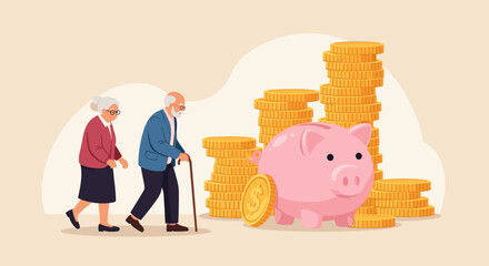 Retirement mutual fund, 401k or Roth IRA savings for happy life after retire and financial freedom concept, rich senior couple elderly man and woman stand with stacked of dollar coins pink piggy bank.