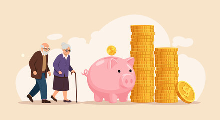 Retirement mutual fund, 401k or Roth IRA savings for happy life after retire and financial freedom concept, rich senior couple elderly man and woman stand with stacked of dollar coins pink piggy bank.