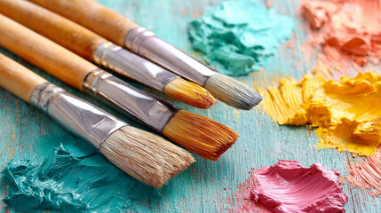 Fototapeta premium Art supplies, paint brushes, colorful paints, creative tools