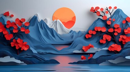 Sunset Over Paper-Cut Mountains AI Generative