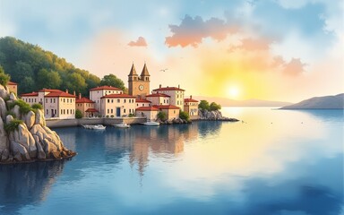 Tranquil Mediterranean Seaside Village Watercolor Sunrise Light Reflection Calm Morning Sky. High quality