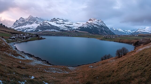 Panoramic view of a serene alpine lake nestled amongst snow-capped mountains