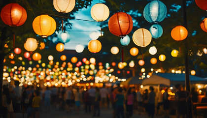 Outdoor festival with colorful lanterns and people enjoying the festivities on evening
