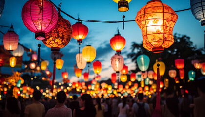 Outdoor festival with colorful lanterns and people enjoying the festivities on evening