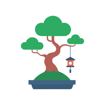 bonsai tree with lantern flat design clip art preview