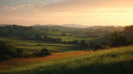 Soft Sunset View Over Sustainable Farm Fields in Tranquil Landscape