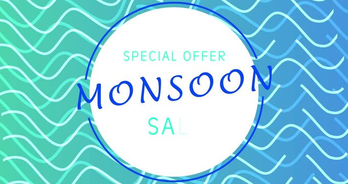 Monsoon big sale promotion banner with up to 50% off 4K advertisement clip. Creative marketing mega sale discount offer on rainy items. Seasons sale template with cartoon text.Promo token coupon card.