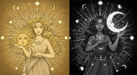 Symmetrical Sun and Moon Goddesses with Celestial Objects