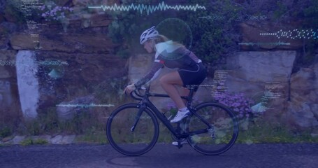 female cyclist pedaling road initiating sports data overlays with waveform rotating radar elements - Powered by Adobe
