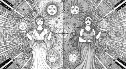 Symmetrical Sun and Moon Goddesses with Celestial Objects