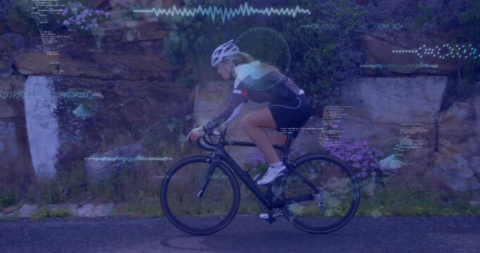 female cyclist pedaling road initiating sports data overlays with waveform rotating radar elements