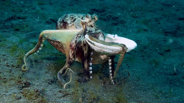 Coconut Octopus: Masterfully Walking with its Portable Shell Fortress on Lembeh Strait's Sandy Seabed