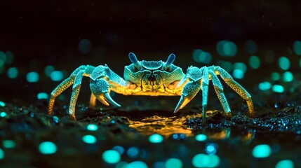 Fototapeta premium Unique crab illuminated by bioluminescent light near the shoreline at night