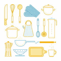 A vector icon set of kitchen utensils for cooking, featuring a spoon, knife, pot, and pan