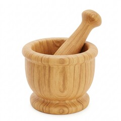 A wooden mortar and pestle, standing on a white surface, ready for use in grinding ingredients