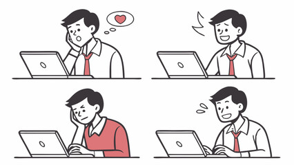 Four illustrations of a man using a laptop with different emotions and expressions displayed clearly