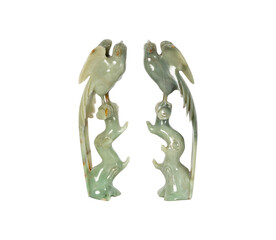 green frog on a green background  Pair of, Antique Carved Figures, Oriental, Jade, Bird of Paradise