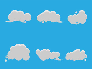 Flat cartoon clouds. Cumulus fluffy clouds in children's style, white fluffy render objects, rounded geometric cloud shapes, cute weather elements, meteorology icons, isolated vector set of cloudscape