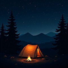 Serene Mountain Camping Night Scene with Cozy Campfire