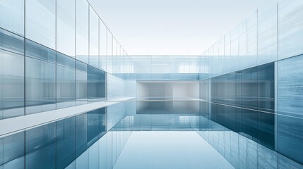 Modern architectural design featuring reflective water surfaces and glass structures in a minimalist setting