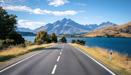 Naklejka premium Lakeside Road with Mountain View