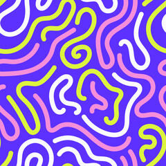 Multicolored Curvy Lines Seamless Pattern. Abstract Squiggle Background with bending flowing shapes. Geometric Smooth Elements. Repeat vector illustration