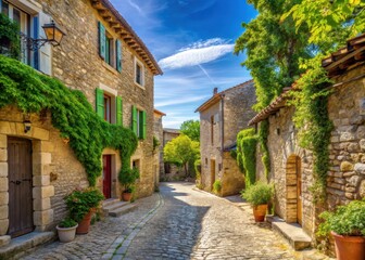 Fototapeta premium Narrow cobblestone street in Provence village surrounded by old stone buildings and vineyards under blue sky with few trees