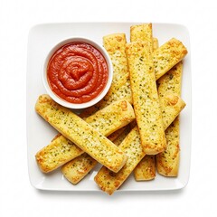 Appetizing golden breadsticks with a toasted crust are served alongside a sauce, ready for consumption