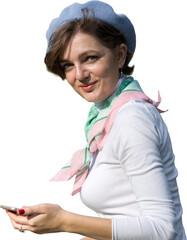 Young woman in the park speaks by mobile phone. Cute girl portrait in french style.