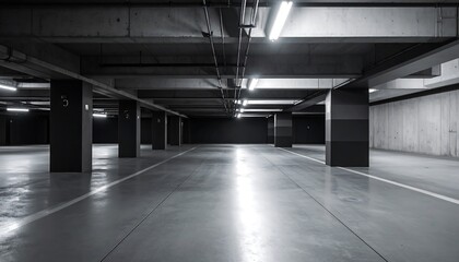 Modern Empty Underground Parking Garage with Bright Lighting  Urban Space.